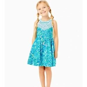 Lilly Pulitzer Kinley Dress Girls Size 3 Surf Blue Coral of the Story Excellent